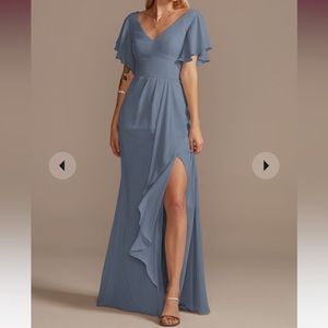 David’s Bridal FLUTTER SLEEVE BRIDESMAID DRESS WITH CASCADE,STEELBLUE